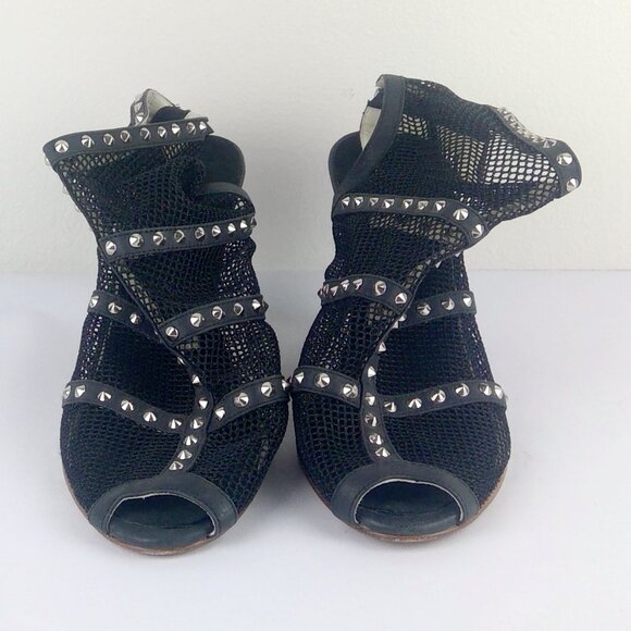 Candela NYC Mesh Studded Zippered Wedge-like Heels Italian Leather - Picture 8 of 10